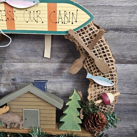 LTD Bless Our Cabin Bear Moose Fishing Woods Rustic Wreath NEW - Picture 5 of 6